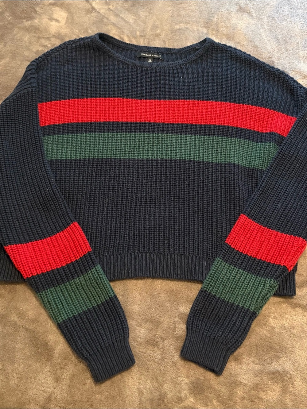 Kendall & Kylie Dark Navy Crewneck Sweater with Red & Green Stripes